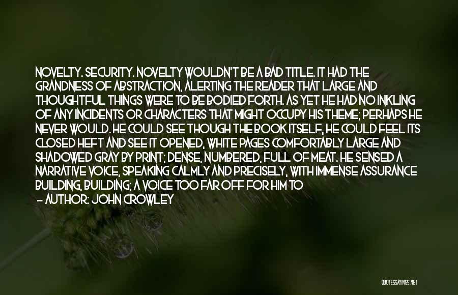 John Crowley Quotes: Novelty. Security. Novelty Wouldn't Be A Bad Title. It Had The Grandness Of Abstraction, Alerting The Reader That Large And