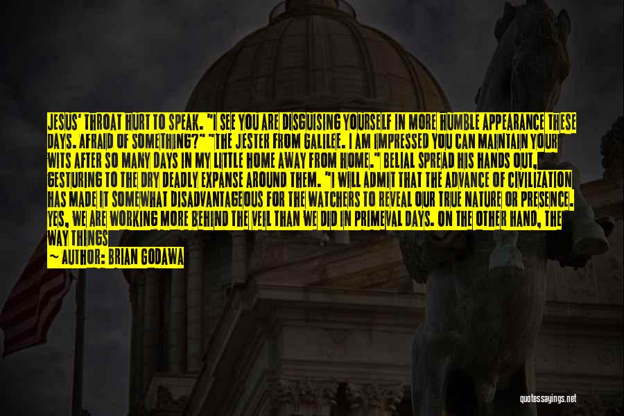 Brian Godawa Quotes: Jesus' Throat Hurt To Speak. I See You Are Disguising Yourself In More Humble Appearance These Days. Afraid Of Something?