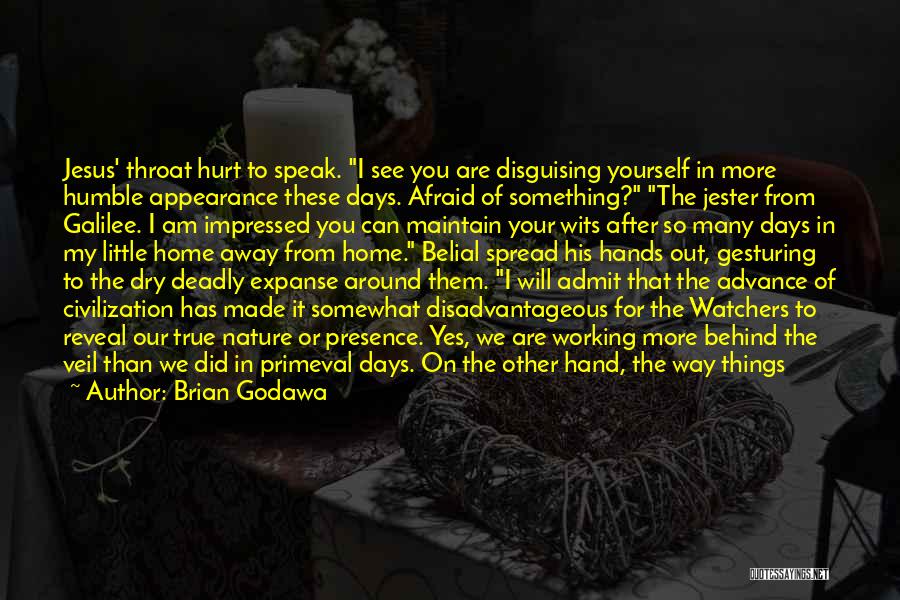 Brian Godawa Quotes: Jesus' Throat Hurt To Speak. I See You Are Disguising Yourself In More Humble Appearance These Days. Afraid Of Something?