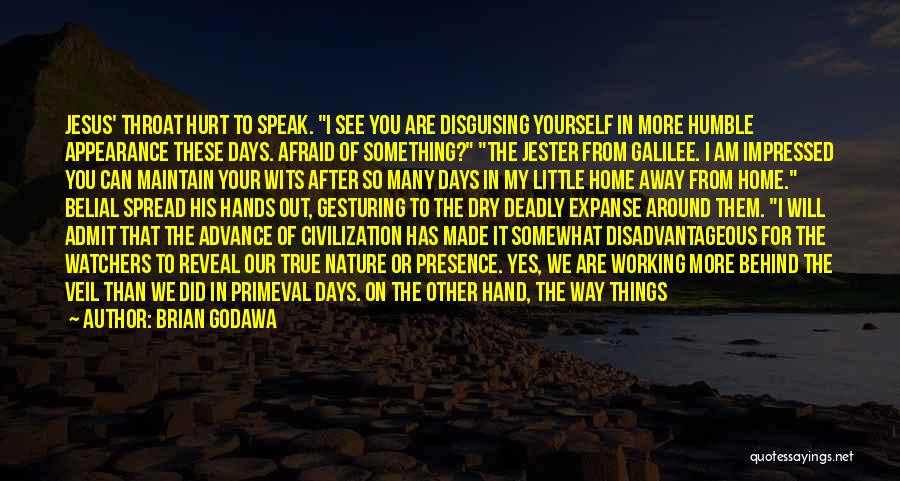 Brian Godawa Quotes: Jesus' Throat Hurt To Speak. I See You Are Disguising Yourself In More Humble Appearance These Days. Afraid Of Something?