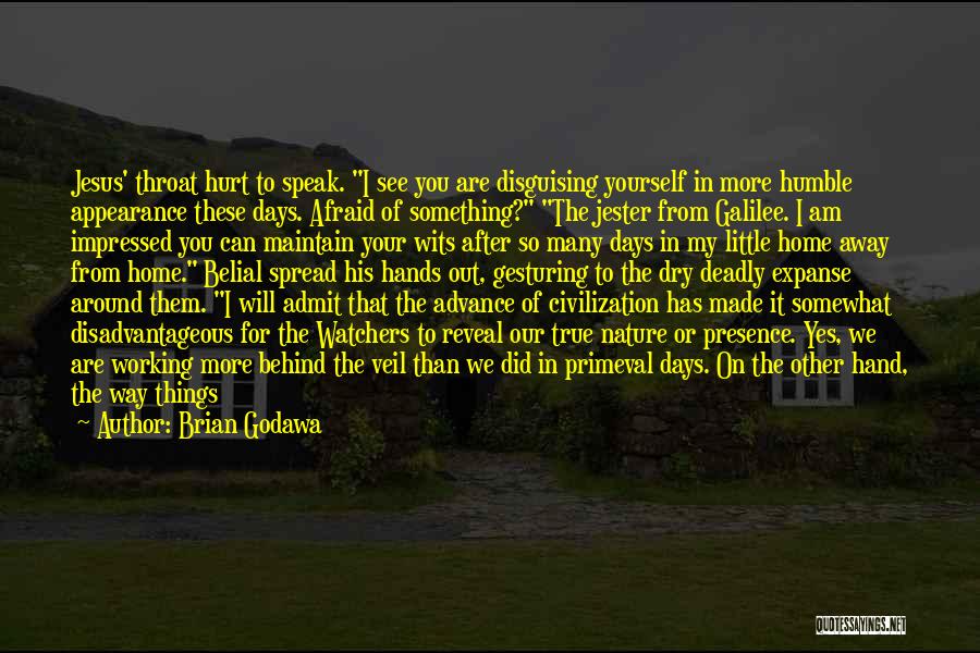 Brian Godawa Quotes: Jesus' Throat Hurt To Speak. I See You Are Disguising Yourself In More Humble Appearance These Days. Afraid Of Something?