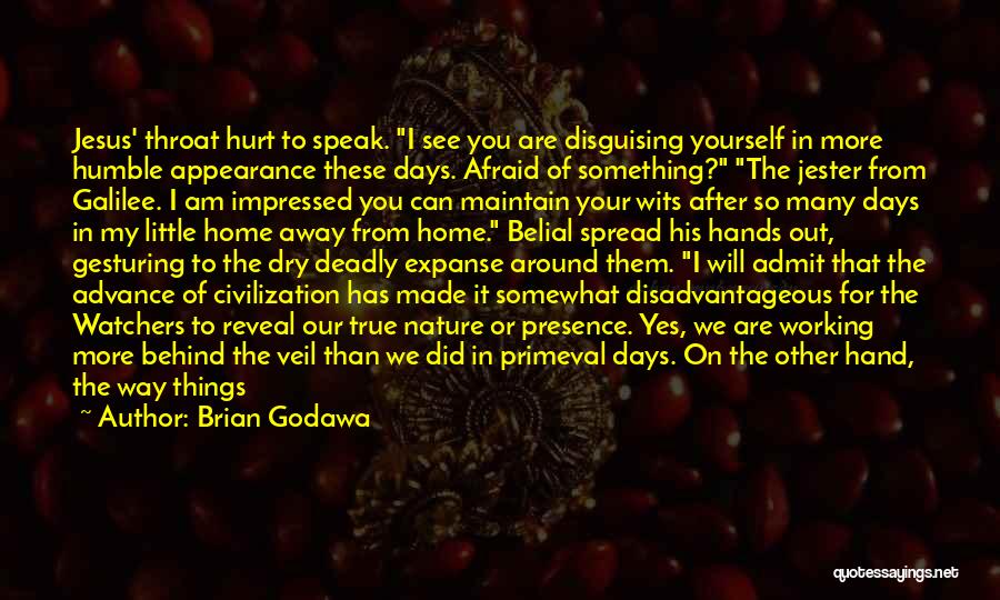 Brian Godawa Quotes: Jesus' Throat Hurt To Speak. I See You Are Disguising Yourself In More Humble Appearance These Days. Afraid Of Something?