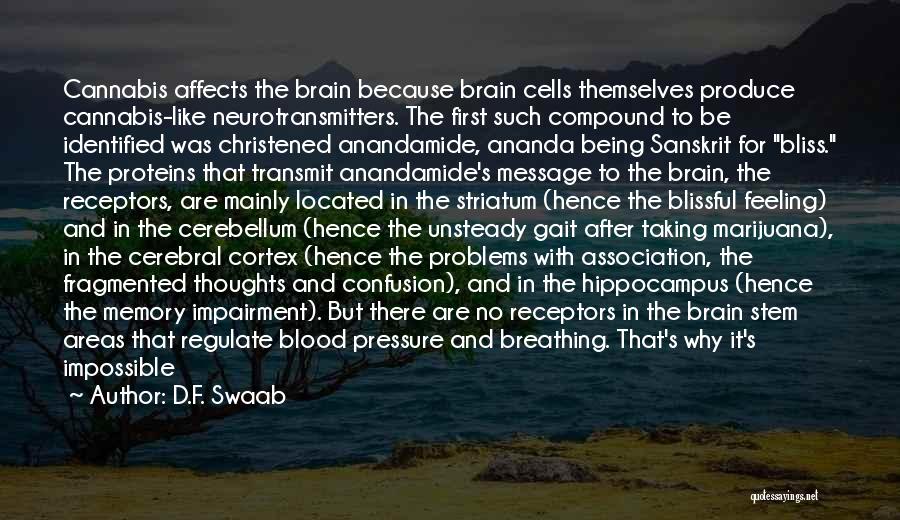 D.F. Swaab Quotes: Cannabis Affects The Brain Because Brain Cells Themselves Produce Cannabis-like Neurotransmitters. The First Such Compound To Be Identified Was Christened