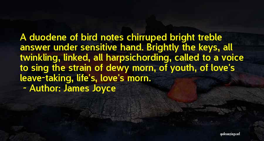 James Joyce Quotes: A Duodene Of Bird Notes Chirruped Bright Treble Answer Under Sensitive Hand. Brightly The Keys, All Twinkling, Linked, All Harpsichording,