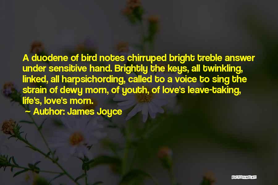 James Joyce Quotes: A Duodene Of Bird Notes Chirruped Bright Treble Answer Under Sensitive Hand. Brightly The Keys, All Twinkling, Linked, All Harpsichording,