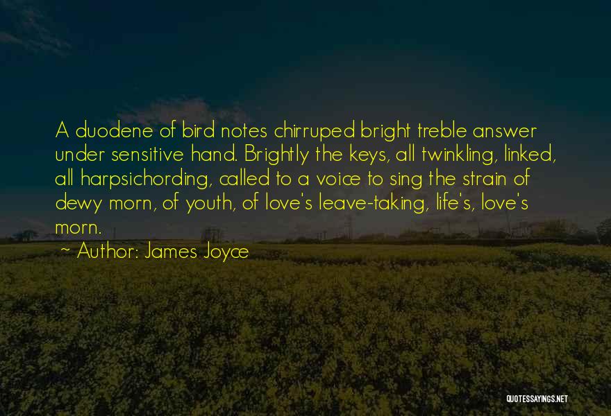 James Joyce Quotes: A Duodene Of Bird Notes Chirruped Bright Treble Answer Under Sensitive Hand. Brightly The Keys, All Twinkling, Linked, All Harpsichording,