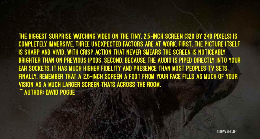 David Pogue Quotes: The Biggest Surprise Watching Video On The Tiny, 2.5-inch Screen (320 By 240 Pixels) Is Completely Immersive. Three Unexpected Factors