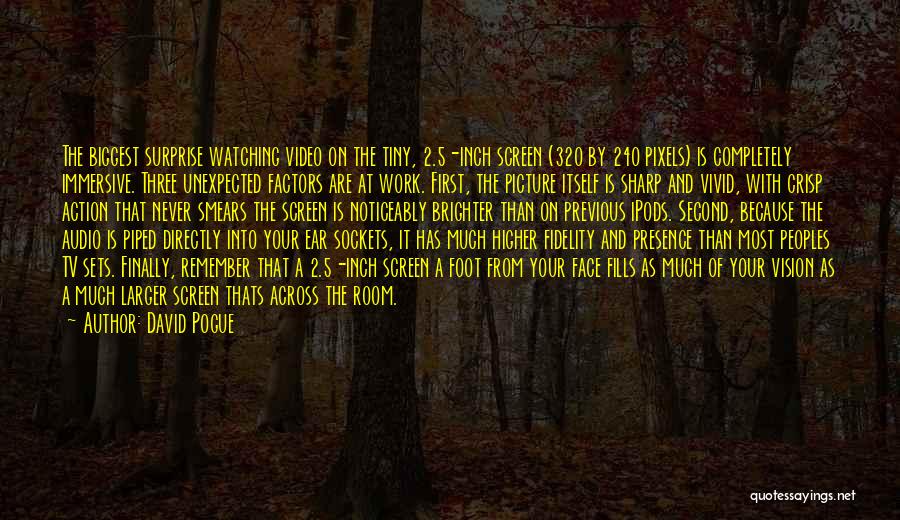 David Pogue Quotes: The Biggest Surprise Watching Video On The Tiny, 2.5-inch Screen (320 By 240 Pixels) Is Completely Immersive. Three Unexpected Factors