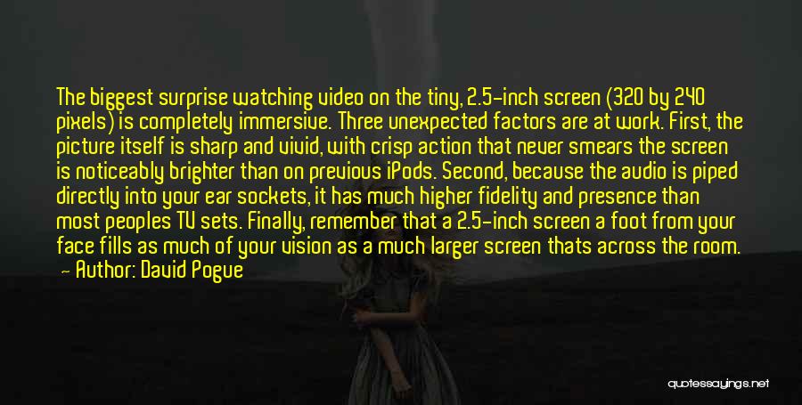 David Pogue Quotes: The Biggest Surprise Watching Video On The Tiny, 2.5-inch Screen (320 By 240 Pixels) Is Completely Immersive. Three Unexpected Factors