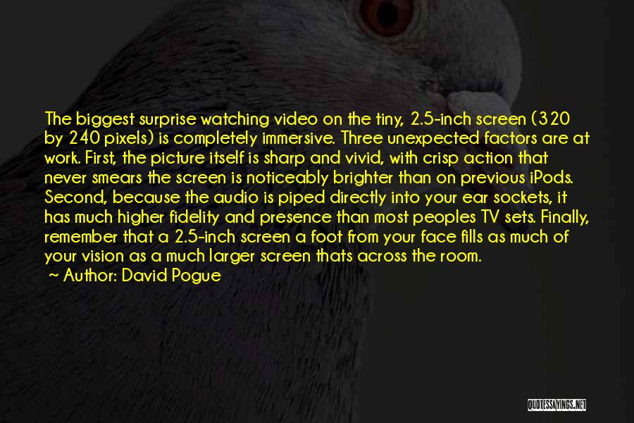 David Pogue Quotes: The Biggest Surprise Watching Video On The Tiny, 2.5-inch Screen (320 By 240 Pixels) Is Completely Immersive. Three Unexpected Factors