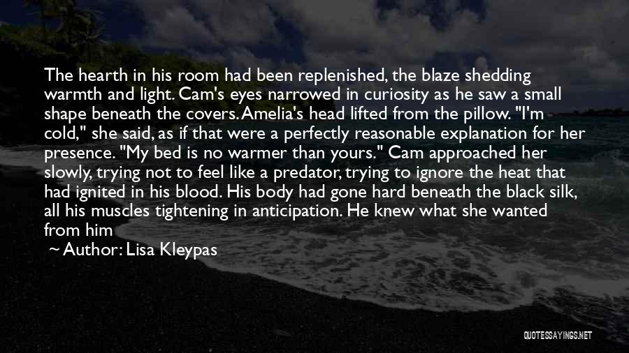 Lisa Kleypas Quotes: The Hearth In His Room Had Been Replenished, The Blaze Shedding Warmth And Light. Cam's Eyes Narrowed In Curiosity As