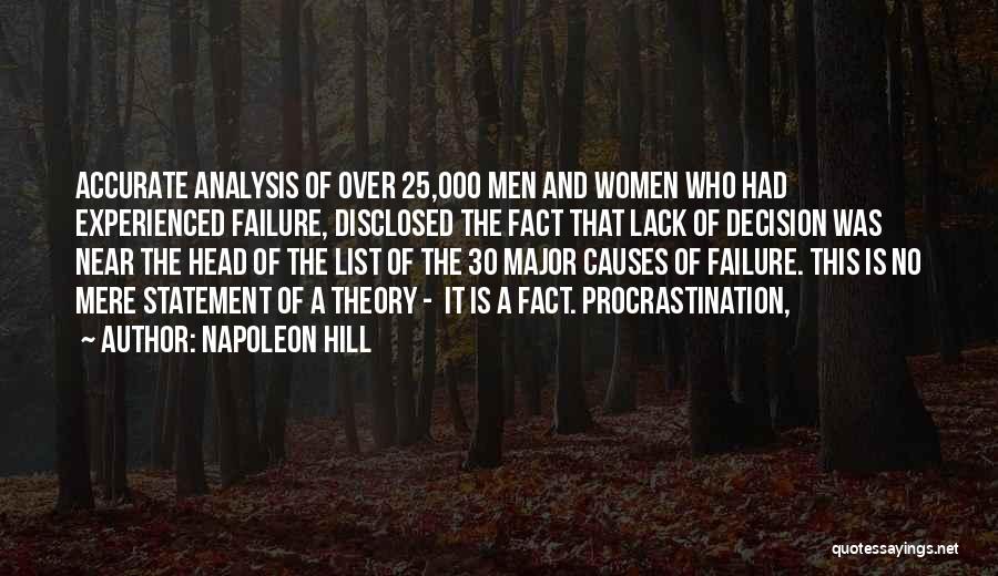 Napoleon Hill Quotes: Accurate Analysis Of Over 25,000 Men And Women Who Had Experienced Failure, Disclosed The Fact That Lack Of Decision Was