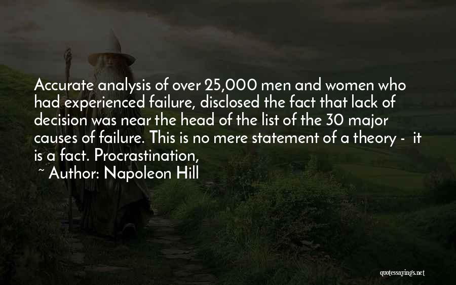 Napoleon Hill Quotes: Accurate Analysis Of Over 25,000 Men And Women Who Had Experienced Failure, Disclosed The Fact That Lack Of Decision Was