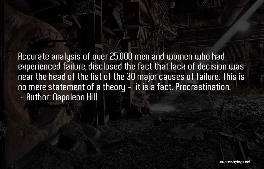Napoleon Hill Quotes: Accurate Analysis Of Over 25,000 Men And Women Who Had Experienced Failure, Disclosed The Fact That Lack Of Decision Was