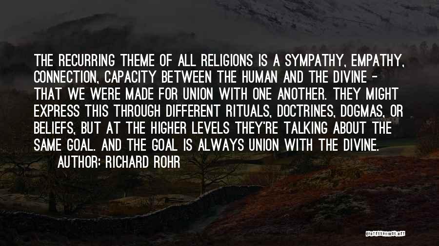 Richard Rohr Quotes: The Recurring Theme Of All Religions Is A Sympathy, Empathy, Connection, Capacity Between The Human And The Divine - That