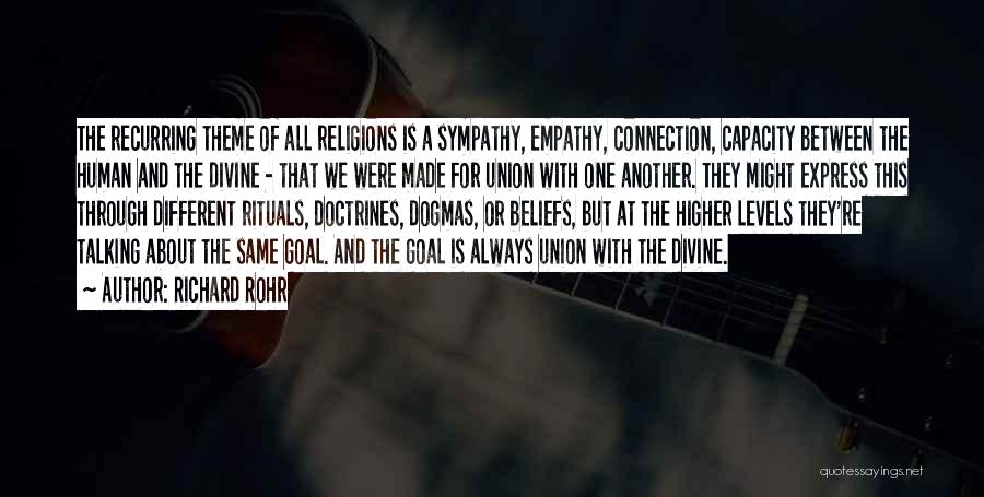 Richard Rohr Quotes: The Recurring Theme Of All Religions Is A Sympathy, Empathy, Connection, Capacity Between The Human And The Divine - That