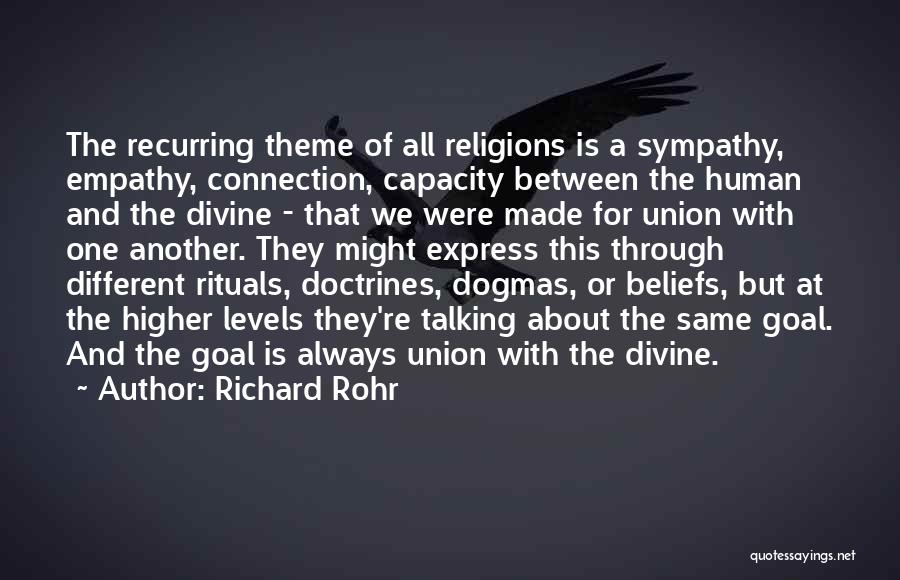 Richard Rohr Quotes: The Recurring Theme Of All Religions Is A Sympathy, Empathy, Connection, Capacity Between The Human And The Divine - That