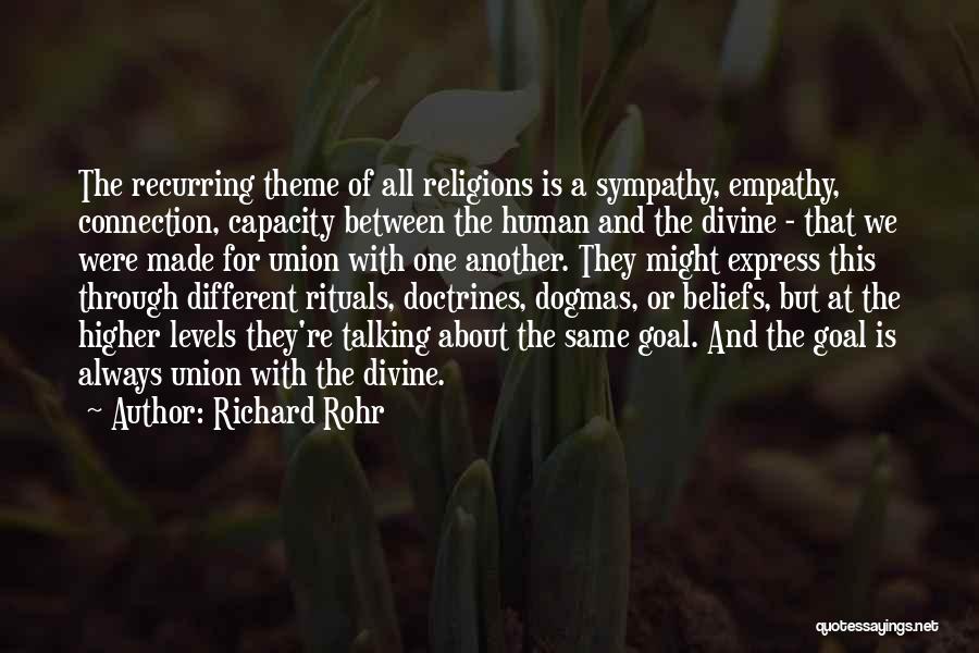 Richard Rohr Quotes: The Recurring Theme Of All Religions Is A Sympathy, Empathy, Connection, Capacity Between The Human And The Divine - That