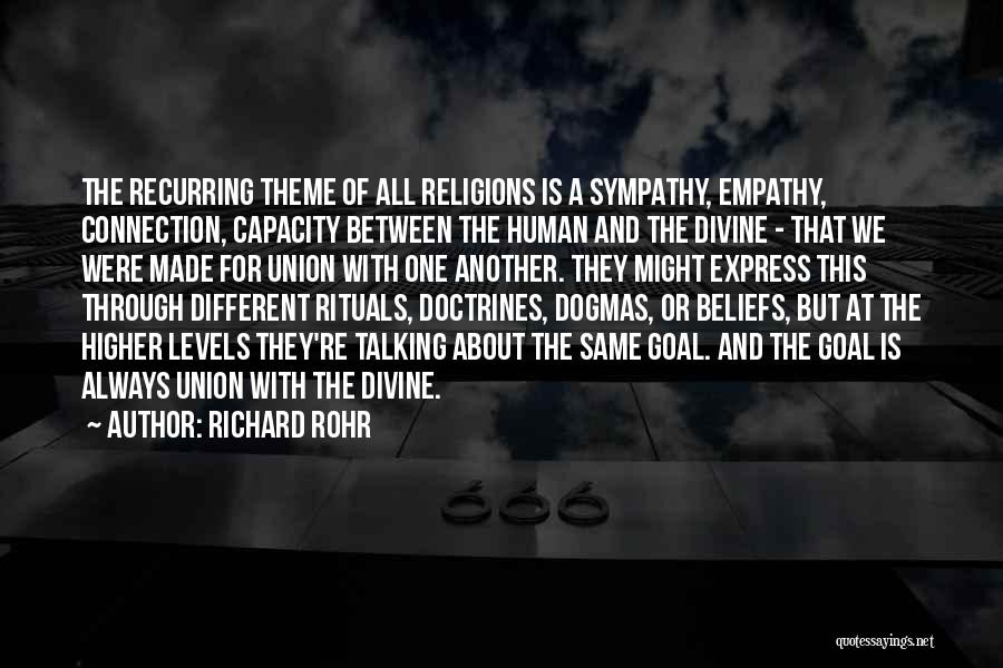 Richard Rohr Quotes: The Recurring Theme Of All Religions Is A Sympathy, Empathy, Connection, Capacity Between The Human And The Divine - That