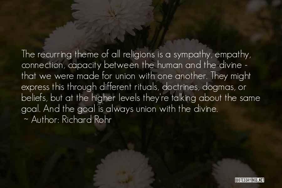 Richard Rohr Quotes: The Recurring Theme Of All Religions Is A Sympathy, Empathy, Connection, Capacity Between The Human And The Divine - That