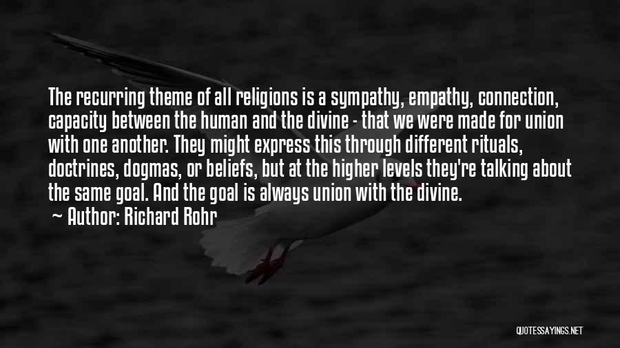 Richard Rohr Quotes: The Recurring Theme Of All Religions Is A Sympathy, Empathy, Connection, Capacity Between The Human And The Divine - That