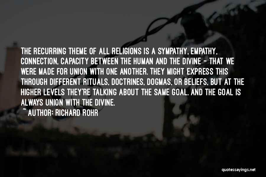 Richard Rohr Quotes: The Recurring Theme Of All Religions Is A Sympathy, Empathy, Connection, Capacity Between The Human And The Divine - That