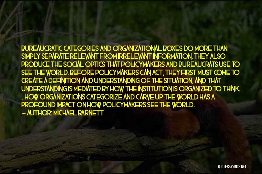 Michael Barnett Quotes: Bureaucratic Categories And Organizational Boxes Do More Than Simply Separate Relevant From Irrelevant Information. They Also Produce The Social Optics