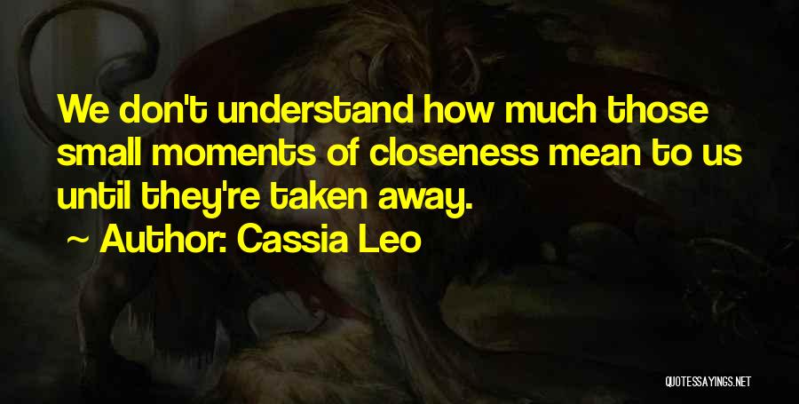 Cassia Leo Quotes: We Don't Understand How Much Those Small Moments Of Closeness Mean To Us Until They're Taken Away.