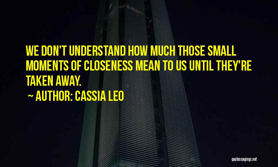 Cassia Leo Quotes: We Don't Understand How Much Those Small Moments Of Closeness Mean To Us Until They're Taken Away.