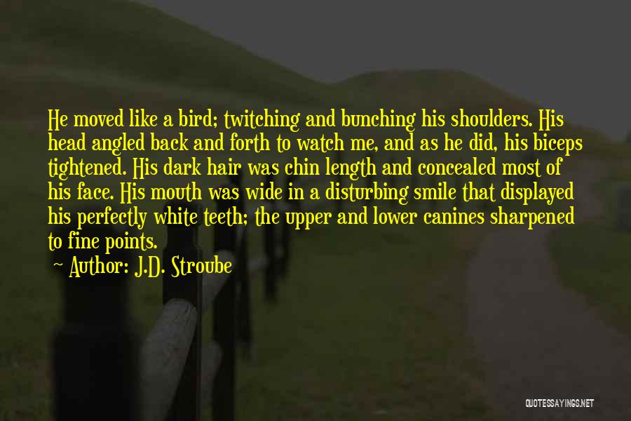 J.D. Stroube Quotes: He Moved Like A Bird; Twitching And Bunching His Shoulders. His Head Angled Back And Forth To Watch Me, And