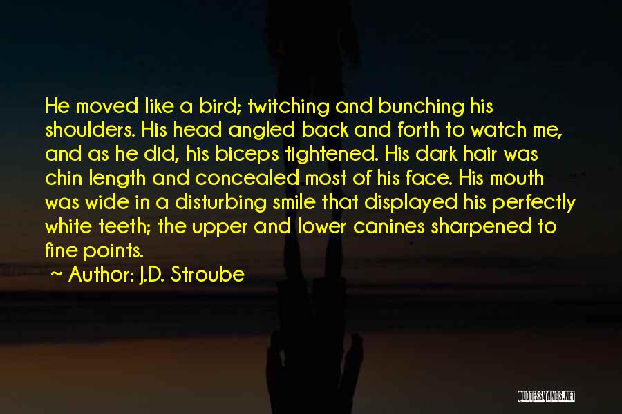 J.D. Stroube Quotes: He Moved Like A Bird; Twitching And Bunching His Shoulders. His Head Angled Back And Forth To Watch Me, And