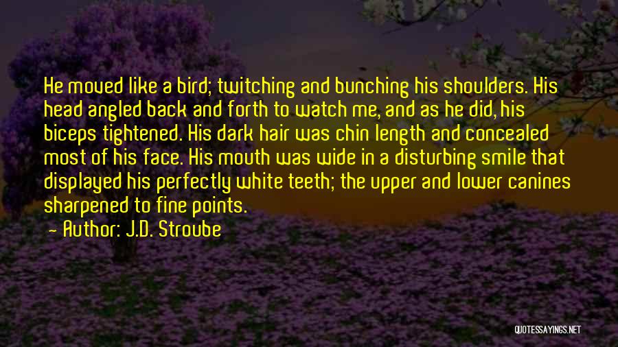 J.D. Stroube Quotes: He Moved Like A Bird; Twitching And Bunching His Shoulders. His Head Angled Back And Forth To Watch Me, And