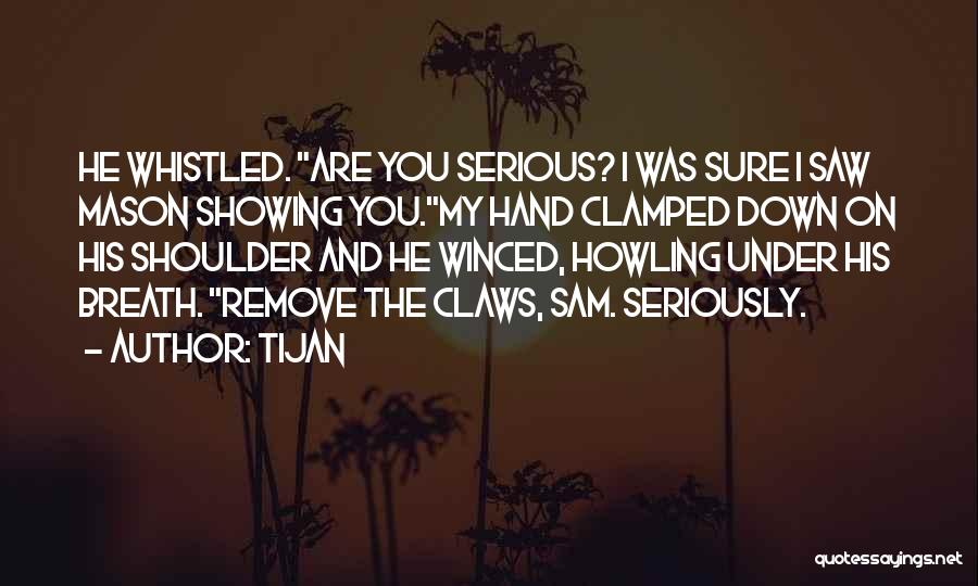 Tijan Quotes: He Whistled. Are You Serious? I Was Sure I Saw Mason Showing You.my Hand Clamped Down On His Shoulder And