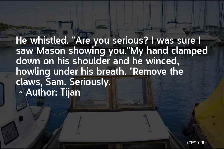 Tijan Quotes: He Whistled. Are You Serious? I Was Sure I Saw Mason Showing You.my Hand Clamped Down On His Shoulder And