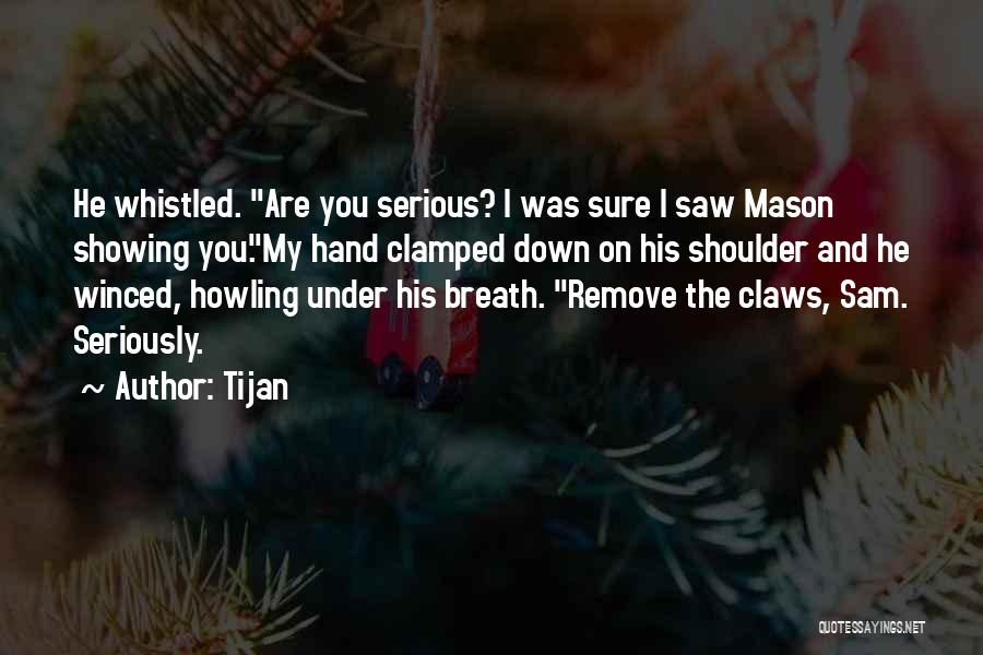 Tijan Quotes: He Whistled. Are You Serious? I Was Sure I Saw Mason Showing You.my Hand Clamped Down On His Shoulder And