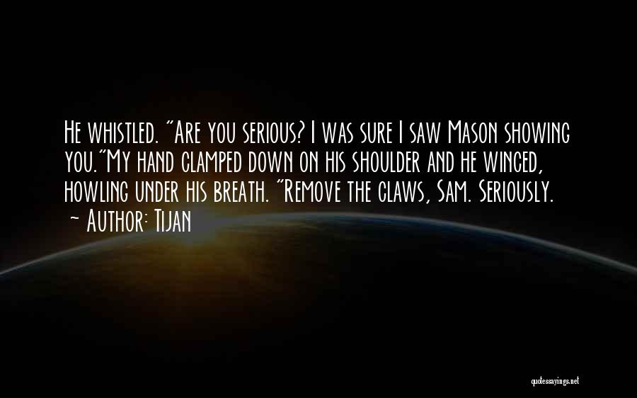 Tijan Quotes: He Whistled. Are You Serious? I Was Sure I Saw Mason Showing You.my Hand Clamped Down On His Shoulder And