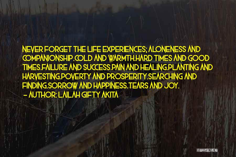 Lailah Gifty Akita Quotes: Never Forget The Life Experiences; Aloneness And Companionship.cold And Warmth.hard Times And Good Times.failure And Success.pain And Healing.planting And Harvesting.poverty