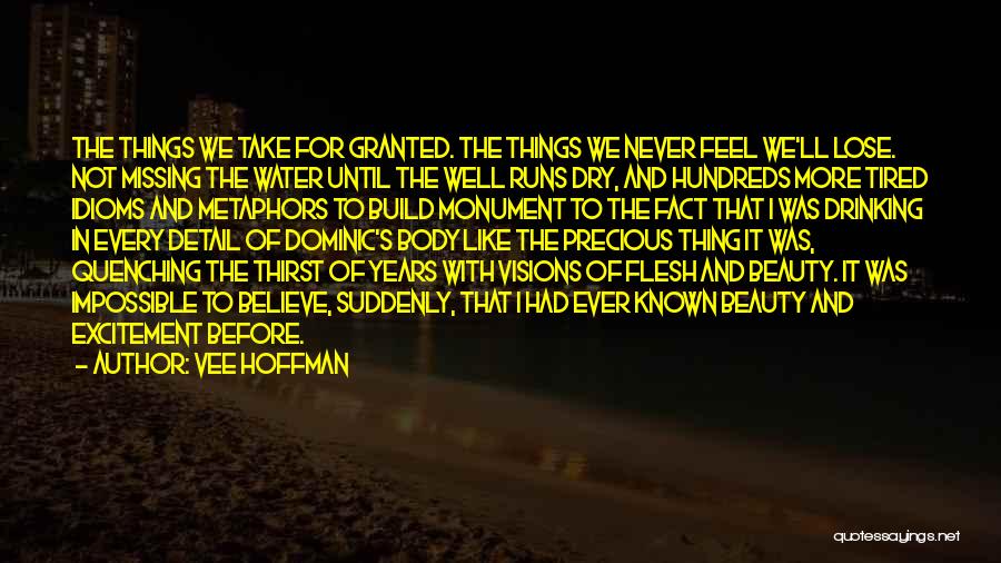 Vee Hoffman Quotes: The Things We Take For Granted. The Things We Never Feel We'll Lose. Not Missing The Water Until The Well