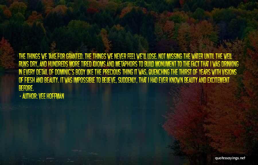 Vee Hoffman Quotes: The Things We Take For Granted. The Things We Never Feel We'll Lose. Not Missing The Water Until The Well