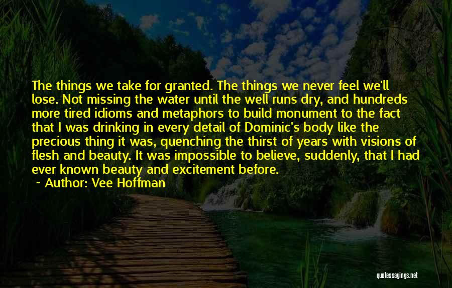 Vee Hoffman Quotes: The Things We Take For Granted. The Things We Never Feel We'll Lose. Not Missing The Water Until The Well