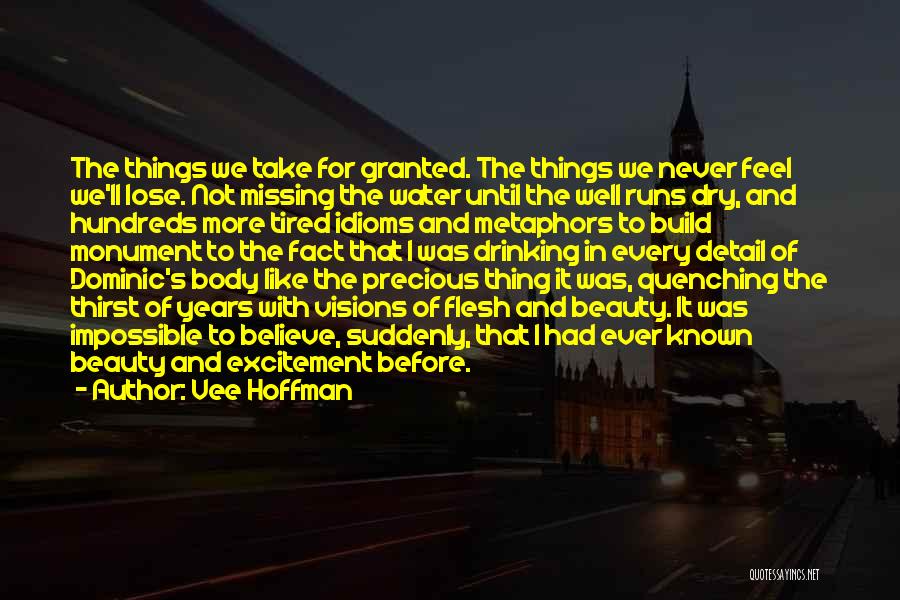 Vee Hoffman Quotes: The Things We Take For Granted. The Things We Never Feel We'll Lose. Not Missing The Water Until The Well