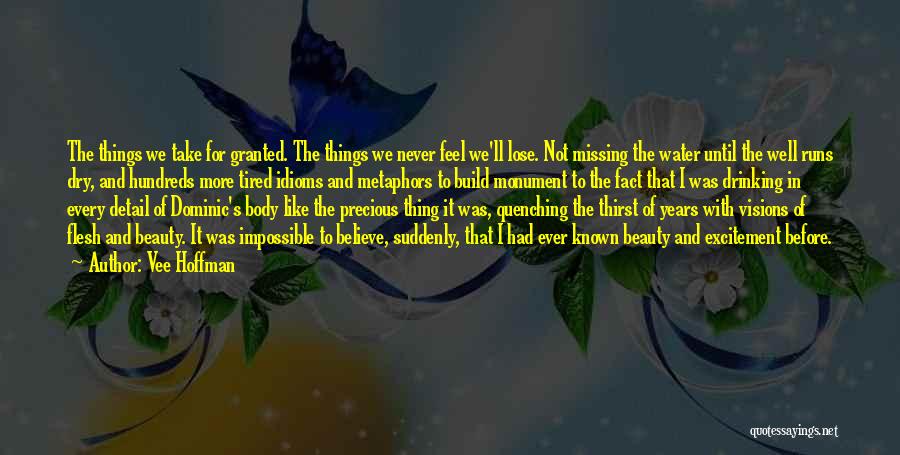 Vee Hoffman Quotes: The Things We Take For Granted. The Things We Never Feel We'll Lose. Not Missing The Water Until The Well