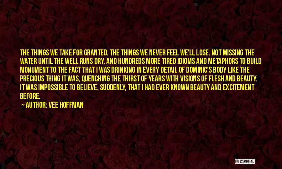 Vee Hoffman Quotes: The Things We Take For Granted. The Things We Never Feel We'll Lose. Not Missing The Water Until The Well