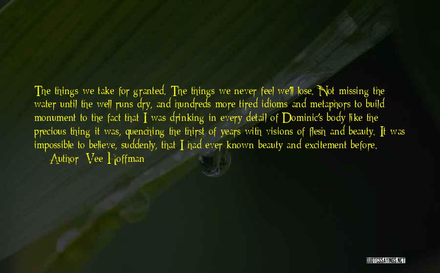 Vee Hoffman Quotes: The Things We Take For Granted. The Things We Never Feel We'll Lose. Not Missing The Water Until The Well