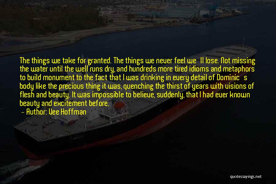 Vee Hoffman Quotes: The Things We Take For Granted. The Things We Never Feel We'll Lose. Not Missing The Water Until The Well