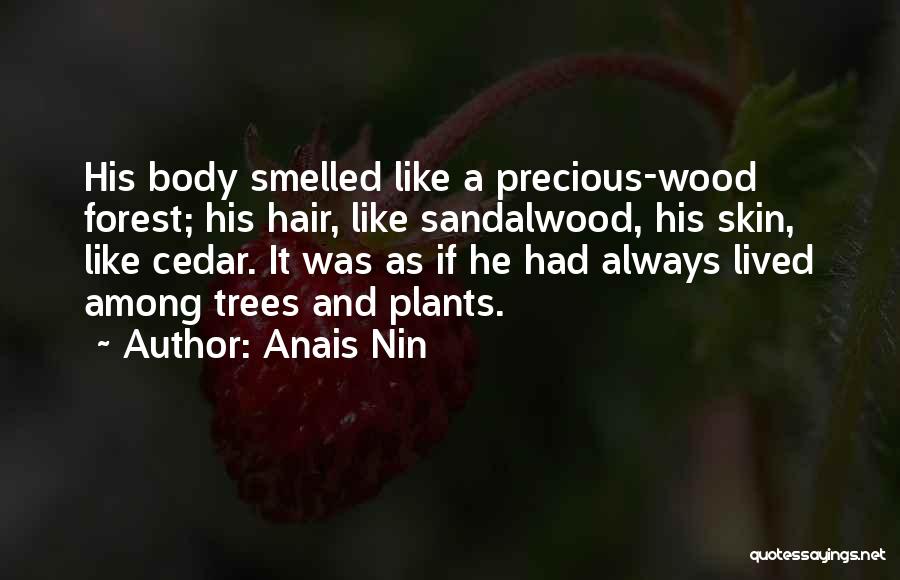 Anais Nin Quotes: His Body Smelled Like A Precious-wood Forest; His Hair, Like Sandalwood, His Skin, Like Cedar. It Was As If He