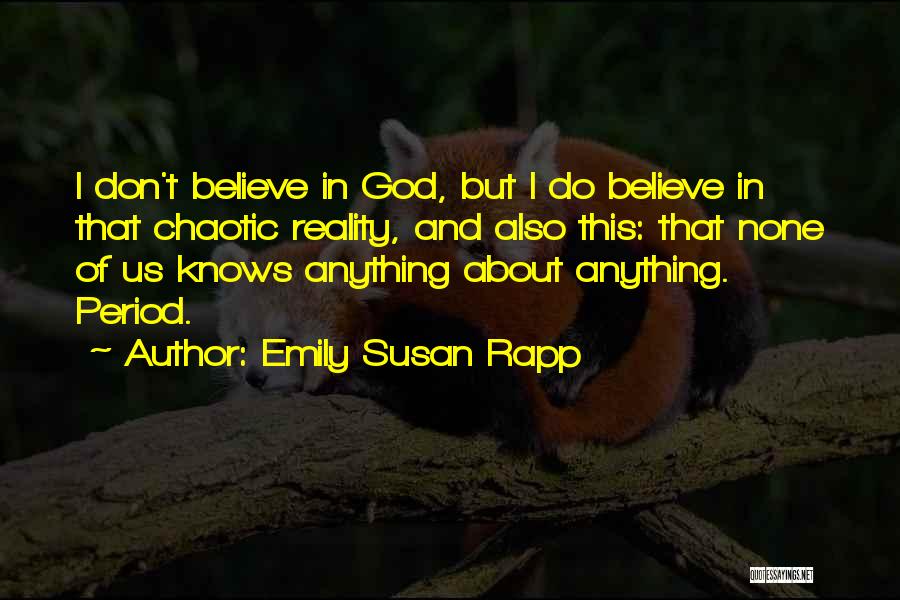 Emily Susan Rapp Quotes: I Don't Believe In God, But I Do Believe In That Chaotic Reality, And Also This: That None Of Us