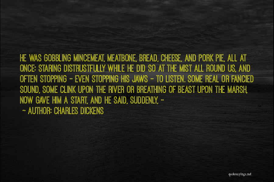 Charles Dickens Quotes: He Was Gobbling Mincemeat, Meatbone, Bread, Cheese, And Pork Pie, All At Once: Staring Distrustfully While He Did So At