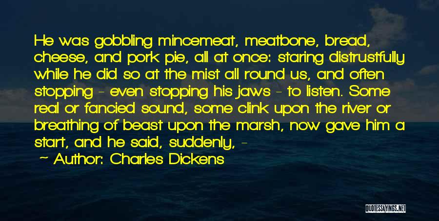Charles Dickens Quotes: He Was Gobbling Mincemeat, Meatbone, Bread, Cheese, And Pork Pie, All At Once: Staring Distrustfully While He Did So At