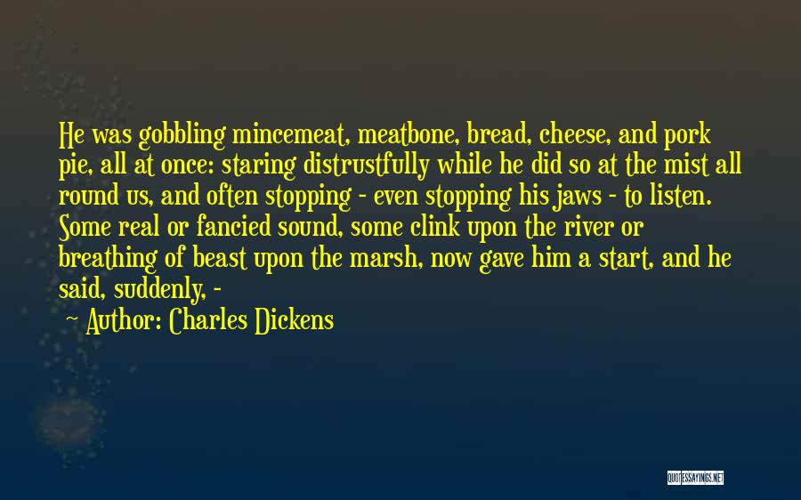 Charles Dickens Quotes: He Was Gobbling Mincemeat, Meatbone, Bread, Cheese, And Pork Pie, All At Once: Staring Distrustfully While He Did So At